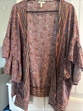 Matilda Jane Mauve Floral Layered Kimono with Striped Trim Accents